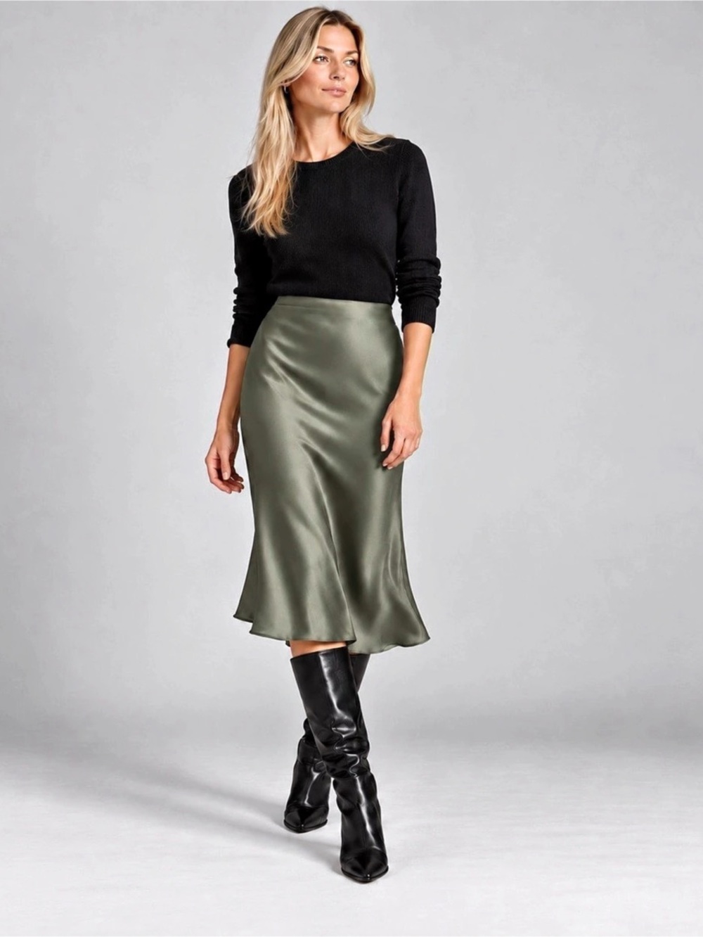 Quince 100% Washable Mulberry Silk Bias Cut Midi Skirt Sage Green XS